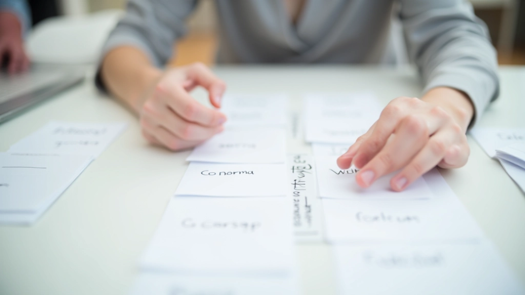 Primo piano di una mano che sposta carte con etichette di contenuti su un tavolo bianco, mostrano la fisica del card sorting
