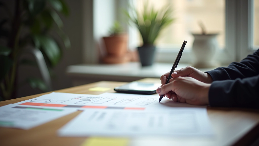 Professionista che lavora su wireframe e schema di navigazione, tavolo di lavoro con sketches e sticky notes, illuminazione naturale da finestra, ambiente di design creativo