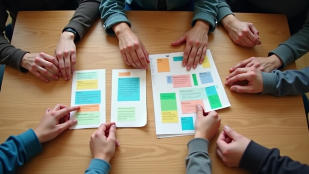 Mani di diverse persone che muovono carte colorate su un tavolo durante un esercizio di card sorting, vista dall'alto, luce naturale diffusa