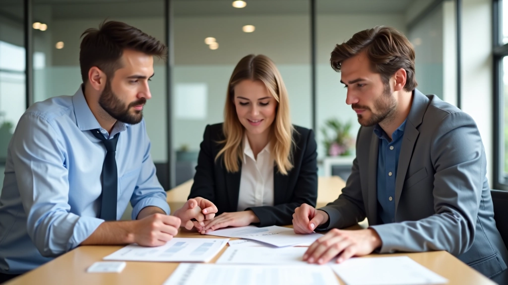 Tre persone diverse che discutono attorno a carte organizzate sul tavolo, con espressioni di concentrazione e dialogo