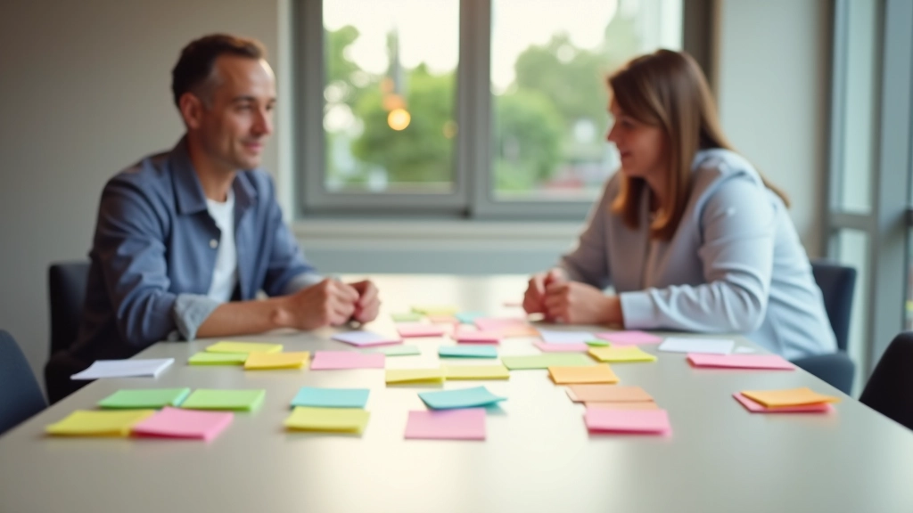 Due persone attorno a un tavolo eseguono card sorting con post-it colorati disposti in gruppi, visualizzando l'organizzazione dei contenuti