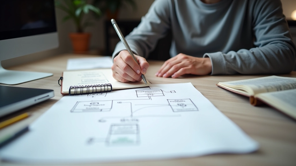 Schermo di un designer che visualizza la struttura di navigazione di un sito web con wireframe e diagrammi colorati