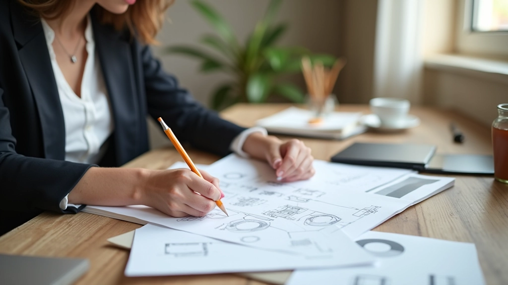 Persona che analizza diagrammi di navigazione su un notebook, con matita e evidenziatori colorati su una scrivania di legno, luce naturale